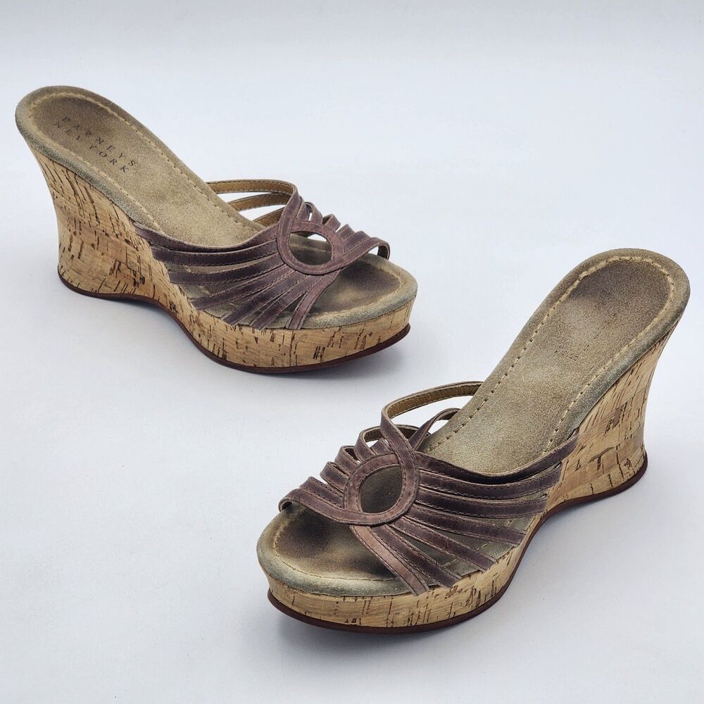 Barneys New York Y2K Vintage Leather Cork Wedge Sandals Brown Size 9.5